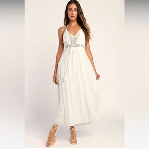 Lulus White Metallic Gold Swiss Dot Lace Maxi Dress Beach Boho